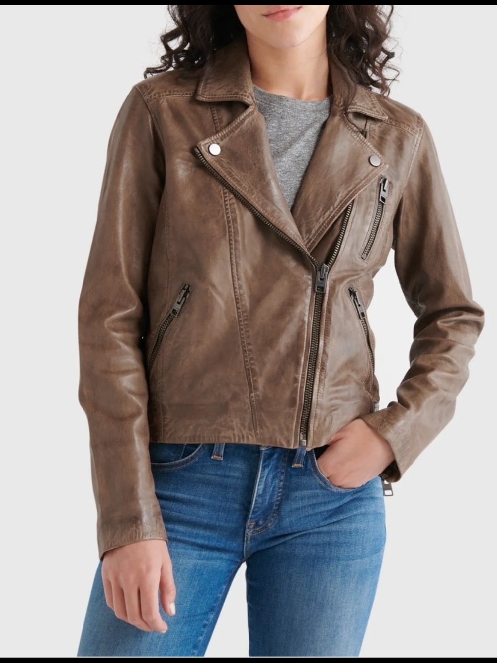 Lucky Brand Distressed Brown Leather Moto Jacket